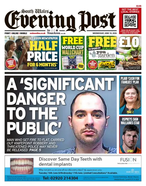 South Wales Evening Post The front page of South Wales Evening Post. Main headline reads: A 'significant danger to the public' with a mugshot of a balding man.