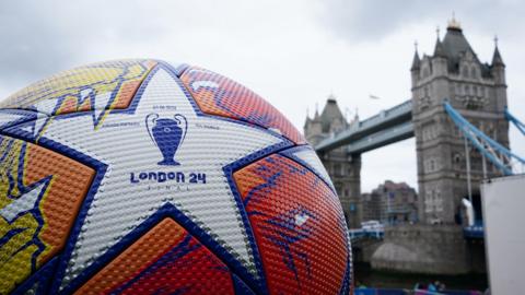 Champions League football in front of Tower Bridge