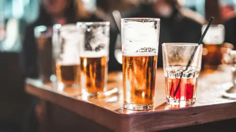 Close-up of drinks on a table. 