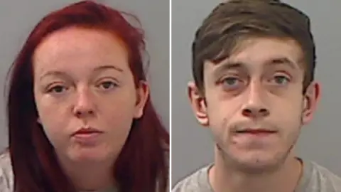 Cleveland Police Mugshots of Alexandra Walker and Harrison Simpson. She has long dyed red hair and a vacant expression, he has short brown hair swept across his forehead and is slightly grimacing.
