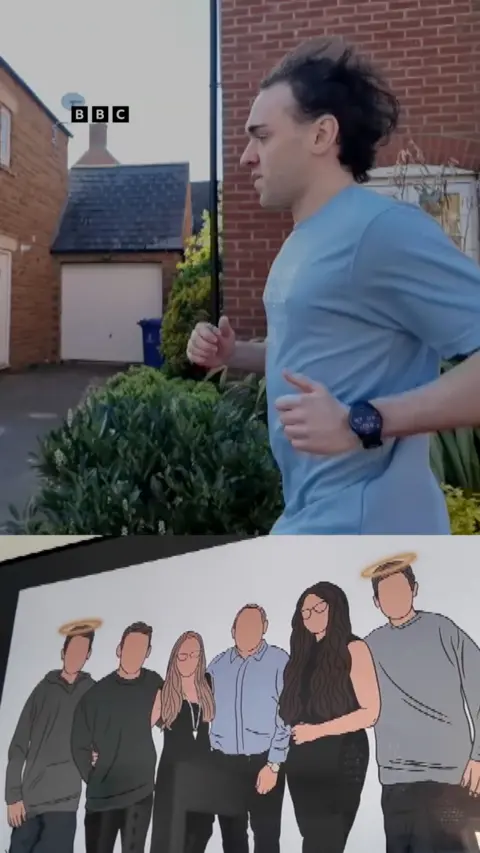A man running in a blue tshirt, below him is a family portrait.