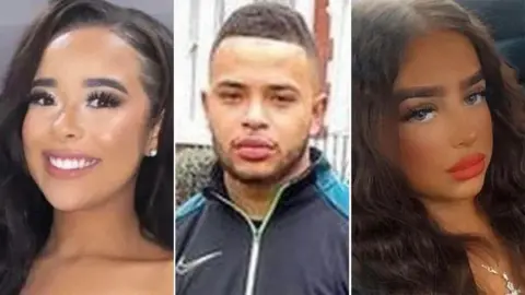 Social media Three pictures of young people in a compilation, side by side. On the left and right are young girls with long dark, wavy hair. In the middle is a young man with short brown hair and facial hair, wearing a navy and blue Nike jacket.