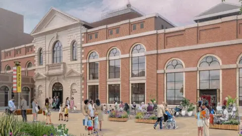 Derby City Council An artist's impression showing shoppers sitting on benches and standing in a public square, with plants in planters. In the background is a large brick building with high, arched windows.