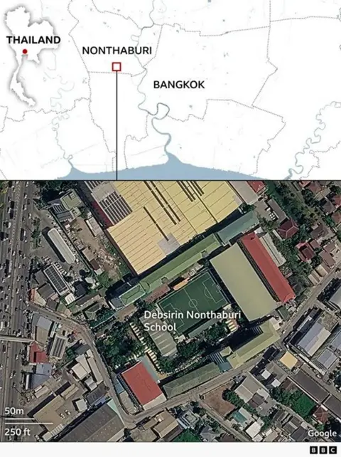 Map showing the school marked on the map in Nonthaburi, west of Bangkok