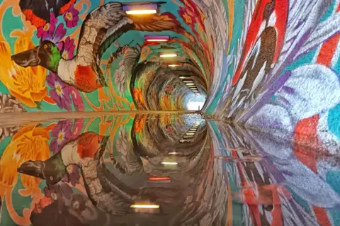 Neil MacNeill A colourful mural in a tunnel reflected in water on the ground 