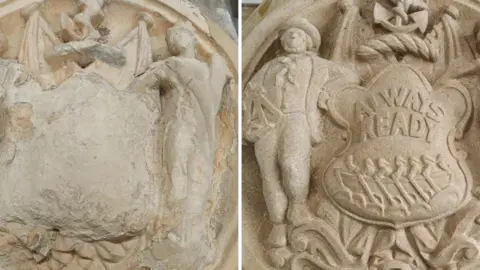 Kristofer Tebble A side-by-side image of the old crest and the newly remade crest. On the left, the white stone model is weathered. One the right, the newly remade model is made of white stone. It has a man and a woman carved-in standing proudly over a sailing boat with the text: "Always ready" and "Courage Humanity Commerce"