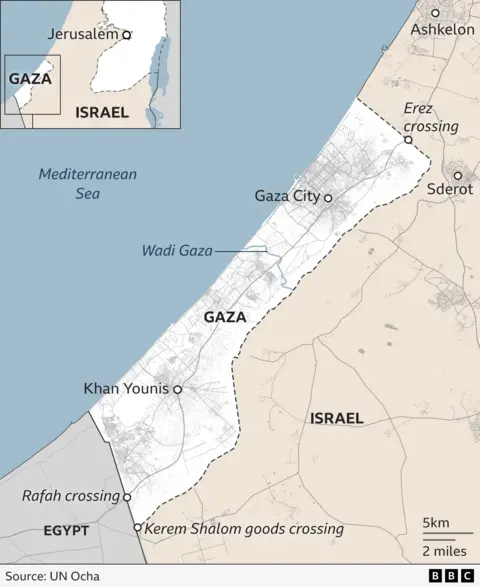 A map showing where Gaza is, as well as Egypt and Israel