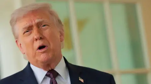 Donald Trump is pictured in a blue suit with an American flag pin on his lapel