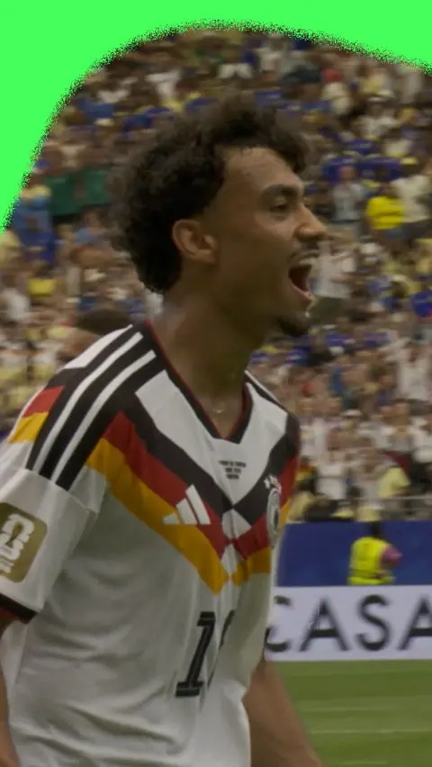 Nathaniel Brown celebrates scoring a fifth goal for Germany against Curacao in the 2026 World Cup.
