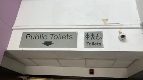 A public toilet sign on a white wall next to a CCTV camera. 