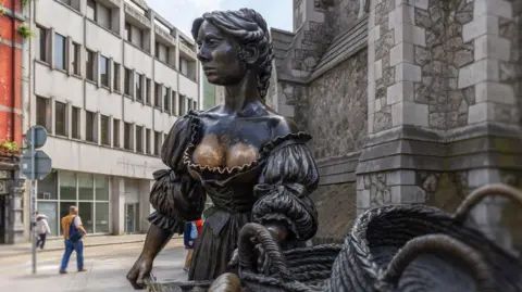 The bronze statue of Molly Malone in St Andrew's Street in Dublin.  The artwork depicts a young woman in historical dress holding a wheelbarrow full of baskets.  The outfit exposes part of the sculpture's breasts which now appear gold in colour rather than dark bronze.  