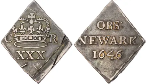 Stanley Gibbons Baldwin's Diamond-shaped piece of metal, showing both sides, one with a crown and CR XXX stamped on it, the other with OBS Newark 1646