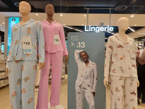 Three mannequins wearing long-sleeved pyjama sets stand in the foreground of a lingerie section. One mannequin wears a light blue set with teddy bear prints, one wears a plain pink set, and one wears a white set with illustrated character prints. Price tags on the pyjamas show £13. Between the mannequins, a promotional sign advertises a “Supersoft Boyfriend Pyjama Set” reduced from £17 to £13. An illuminated “Lingerie” sign hangs above, with shelves and clothing displays visible in the background.