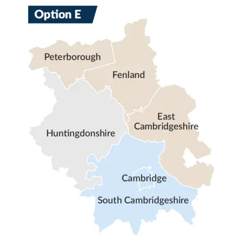 Cambridgeshire County Council A basic map of Cambridgeshire showing Cambridge and South Cambridgeshire in light blue, Huntingdonshire in grey and Peterborough, Fenland and East Cambridgeshire in light brown. 