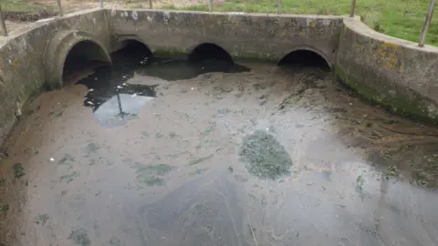 Environment Agency A shiny brown scum appears on the surface of a river next to a culvert.