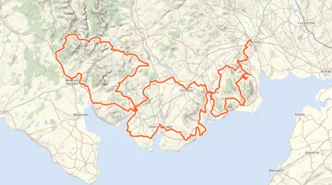 Cycling UK A map showing the path of a cycle route across Dumfries and Galloway