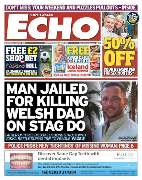 South Wales Echo Front page of the South Wales Echo newspaper with the splash headline "Man jailed for killing Welsh dad on stag do". At the top is a 50% off newspaper subscriptions coupon and adverts for William Hill bet shop and Iceland ice creams.  At the bottom is an advert for Fusion dentistry.