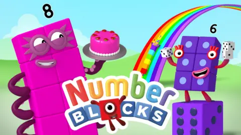 A vivid promo image for the BBC childrens animated TV programme Numberblocks. On the left is a large pink character made up of eight blocks to represent the number 8. On the right is a purple character made up of six blocks representing the number 6. The programme title is in the centre of the image in rainbow colours, with a rainbow extending away from the title behind the characters.