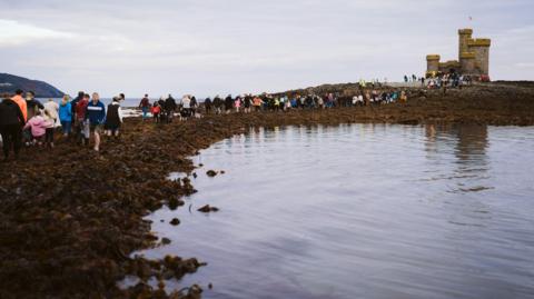 Large groups of people walking over seaweed to a small tower on an island