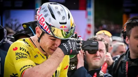 Wout van Aert celebrates winning Paris-Roubaix