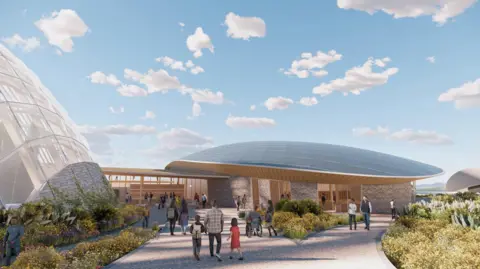 Eden Project Morecambe CGI image of proposed new Eden Project. Large and modern-looking exterior gardens with people walking through in front of dome-like buildings.