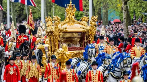 Reuters The King and Queen tin  beryllium  faintly seen wrong   a aureate  carriage flanked by horses and servicemen and women.