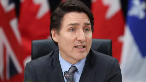 Canadian PM Justin Trudeau, seated before a microphone. Canadian  flags are blurry in the background. 