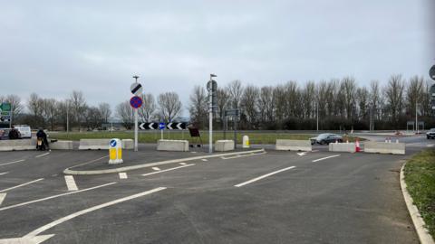 Innsworth Roundabout shown with concrete blocking it off