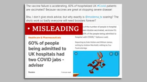 Screenshot of a tweet saying "The vaccine failure is accelerating. 60% of hospitalized UK #Covid patients are vaccinated? Because vaccines are great at stopping severe disease!" Labelled misleading.