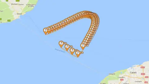 Spot LLC The last 50 positions of Mr Waymark, uploaded via a tracker, show him swimming across the tide, then turning back