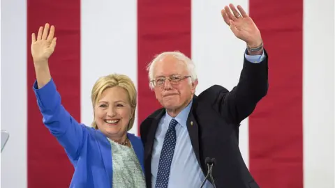 Getty Images Hillary Clinton and Bernie Sanders in New Hampshire July 2016