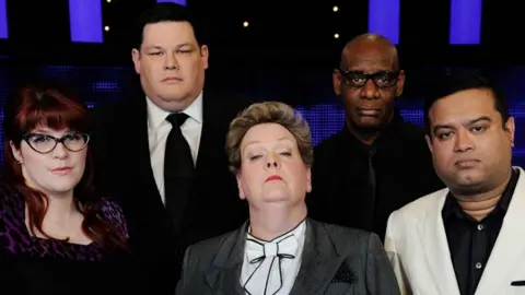 ITV Paul Sinha (far right) with Jenny Ryan, Mark Labbett, Anne Hegerty and Shaun Wallace