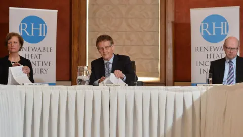 Pacemaker Dame Una O’Brien, Sir Patrick Coghlin and Keith MacLean pictured during the opening of the inquiry in April