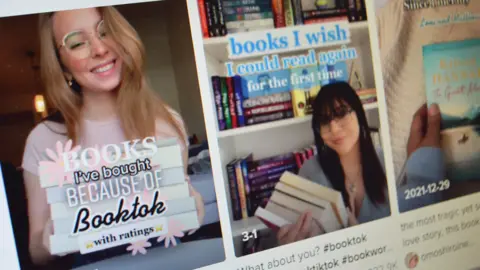 BBC #Booktok screenshot on TikTok showing a video titled "Books I've bought because of Booktok"