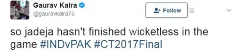 @gauravkalra75 so jadeja hasn't finished wicketless in the game #INDvPAK #CT2017Final