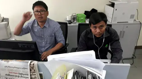 Reuters Reuters journalists Wa Lone and Kyaw Soe Oo pose for a picture at the Reuters office in Yangon, Myanmar