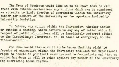 University of Essex A memo from the Dean of Students warned about the possible consequences of demonstrations.