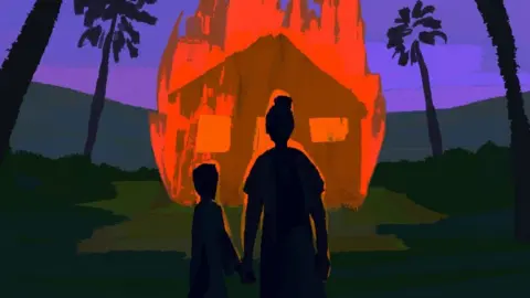Shali Reddy An illustration of a woman and child in front of a burning house surrounded by palm trees.