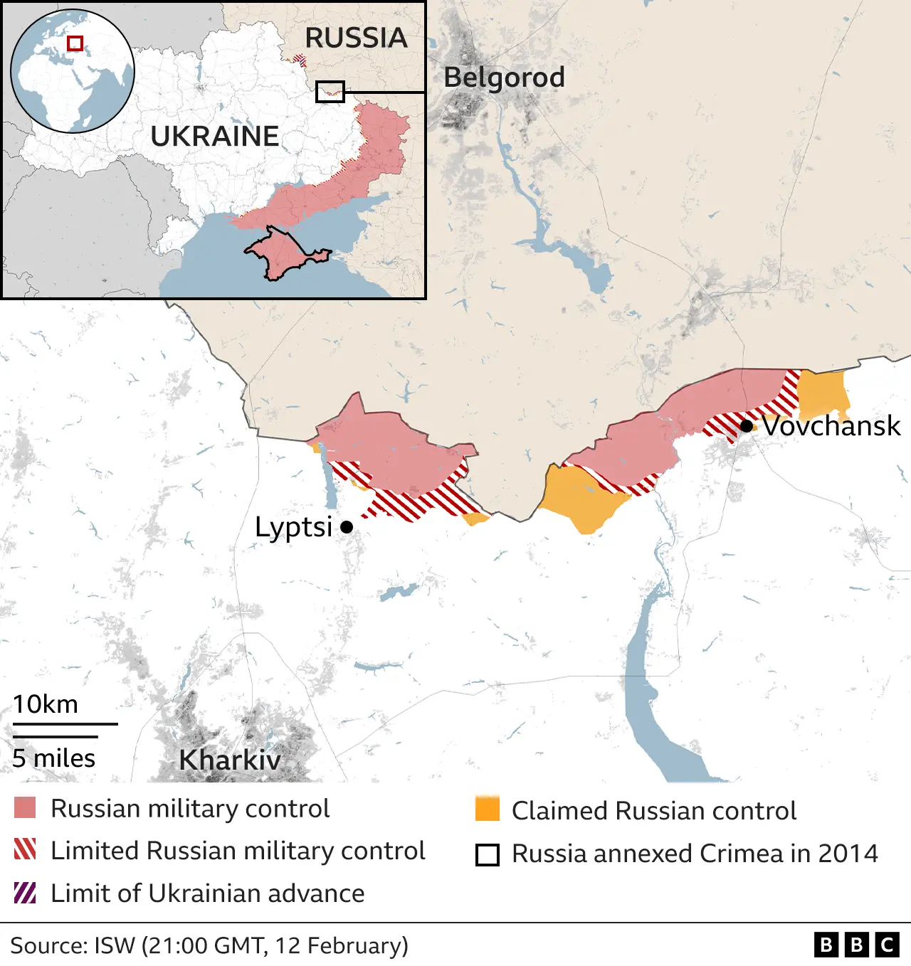 A map showing how Russian forces have crossed the border in the north-east of Ukraine and have consolidated their hold on territory to the north of Kharkiv.