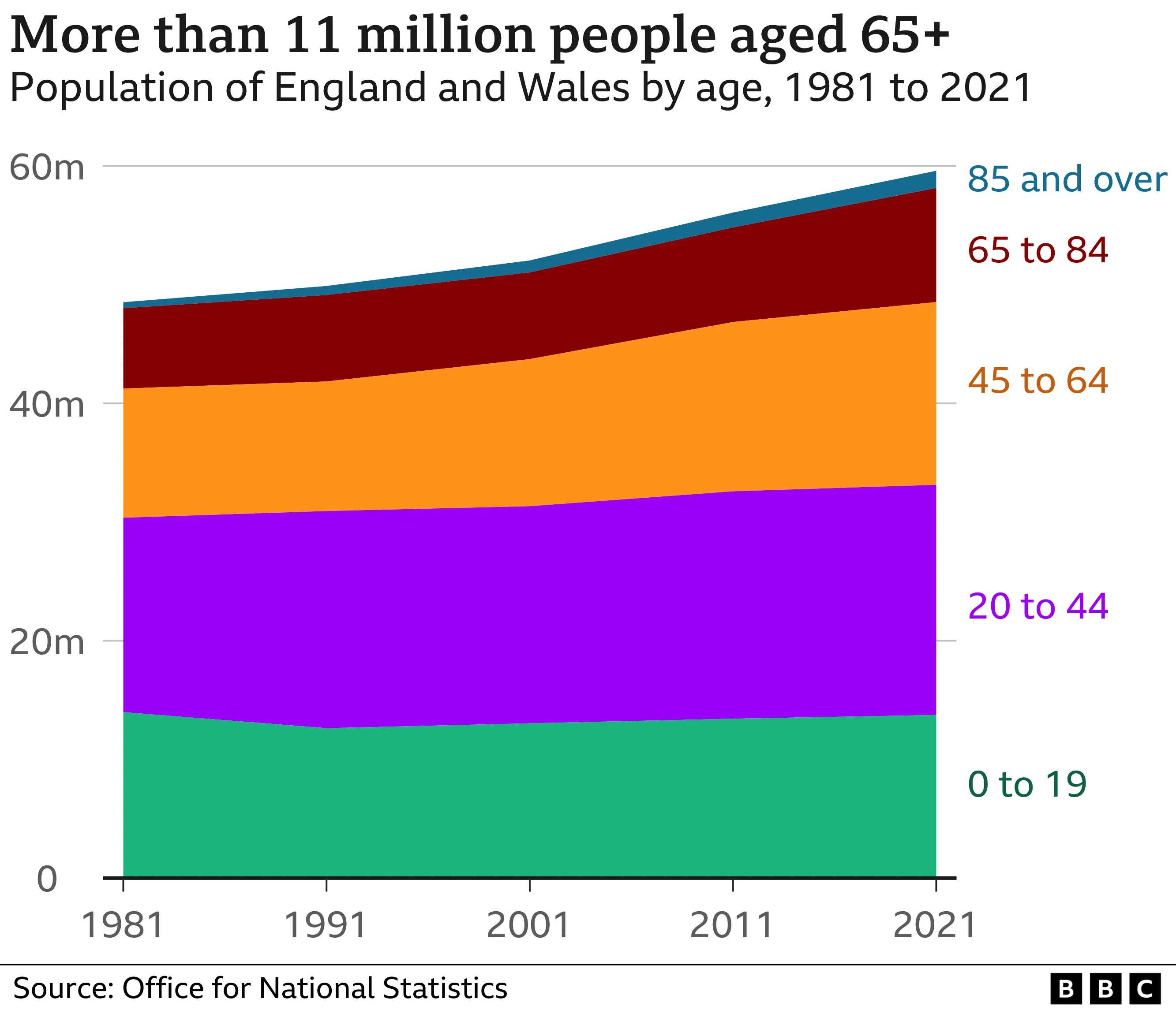 Chart showing age breakdown of the population of England and Wales between 1981 and 2021. Shows there are more than 11 million people aged 65 and over.