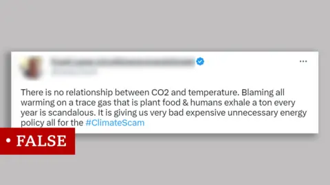 Screenshot of a tweet falsely claiming there is no relationship between carbon dioxide and temperature.