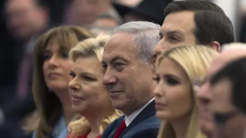 Getty Images Israel's Prime Minister Benjamin Netanyahu (third L), his wife Sara Netanyahu (second L) Senior White House Advisor Jared Kushner, US President's daughter Ivanka Trump at the opening of the US embassy in Jerusalem.