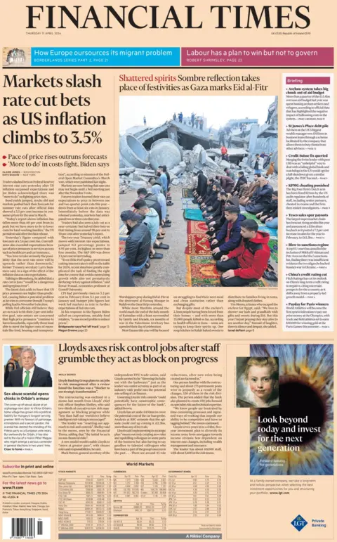 BBC The headline in the Financial Times reads: Markets slash rate cut bets as US inflation climbs to 3.5%