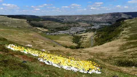 Getty Images A hillside tribute to those who died of Covid in Rhondda Cynon Taf