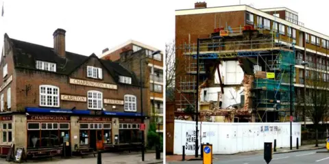 Westminster Council The Carlton Vale Tavern before and after demolition.