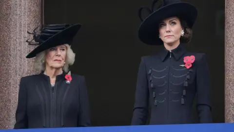 PA Media Queen Camilla and the Princess of Wales on a balcony