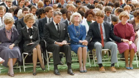 Historical President Ronald Reagan at the memorial service for the crew of the Challenger space shuttle