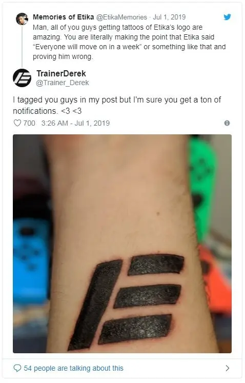 @Trainer_Derek An image of Etika's logo tattooed on an arm, tweeted by TrainerDerek