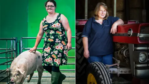Billie Charity Courtney Gibbs with her pigs and Gillian Lloyd with her Massey Ferguson tractor