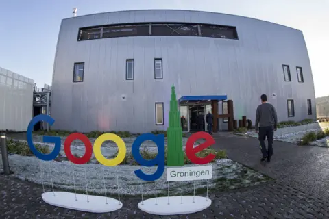 Getty Images A picture taken on December 6, 2016 shows Google Groningen logo for the office during the opening of the new Google data centre in Eemshaven, near Groningen.